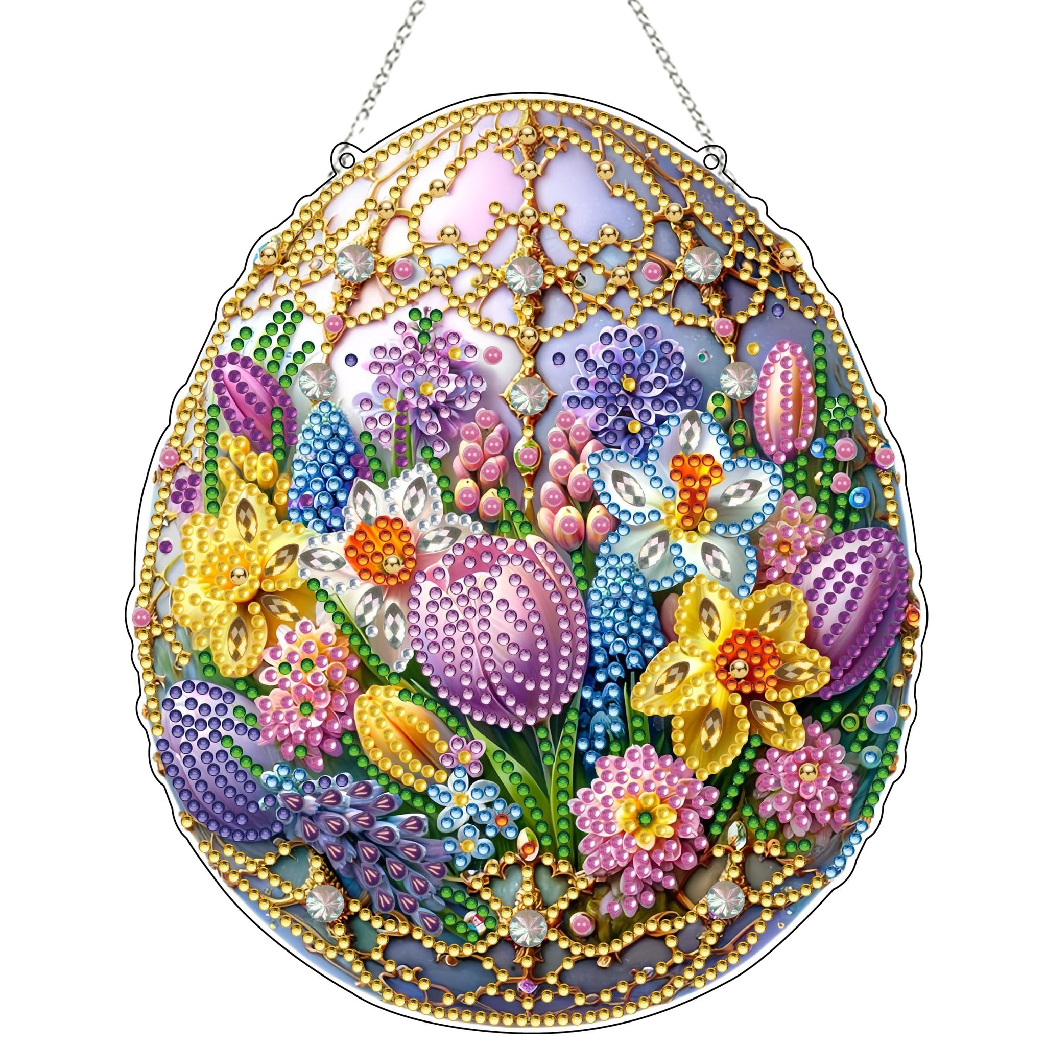 Easter egg shaped diamond art hanging kit with colorful flowers and gold trim, suspended by a chain.