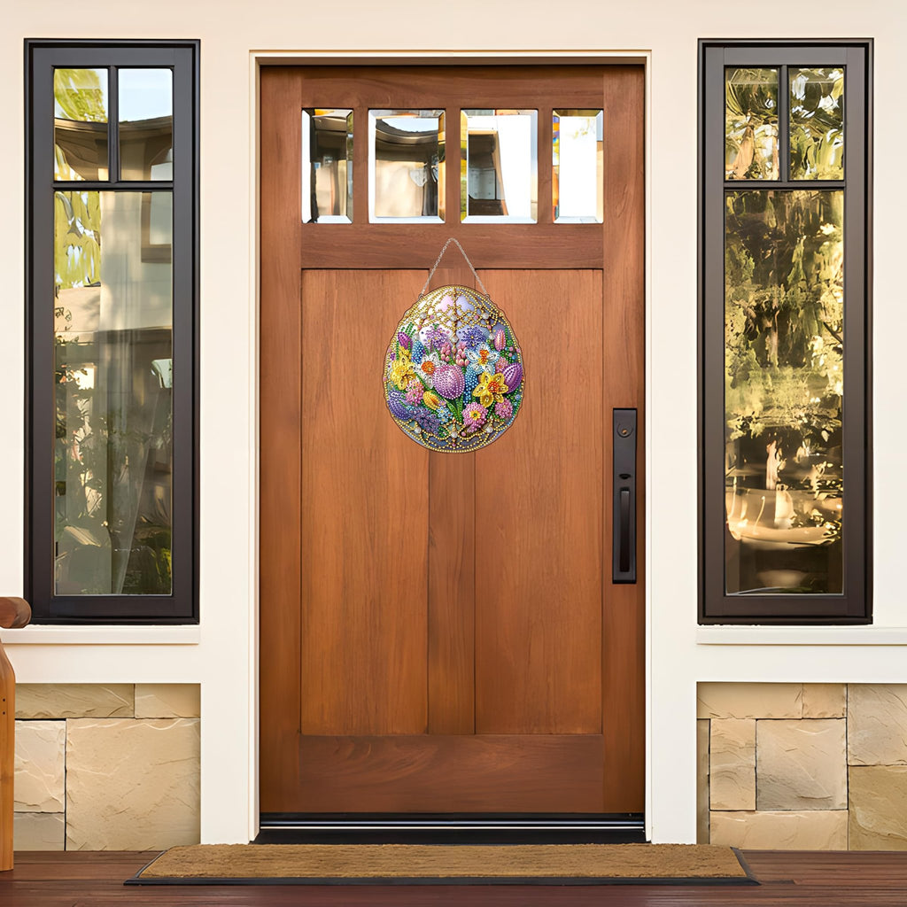 Easter egg shaped diamond art hanging decoration with colorful flowers, displayed on a wooden door.