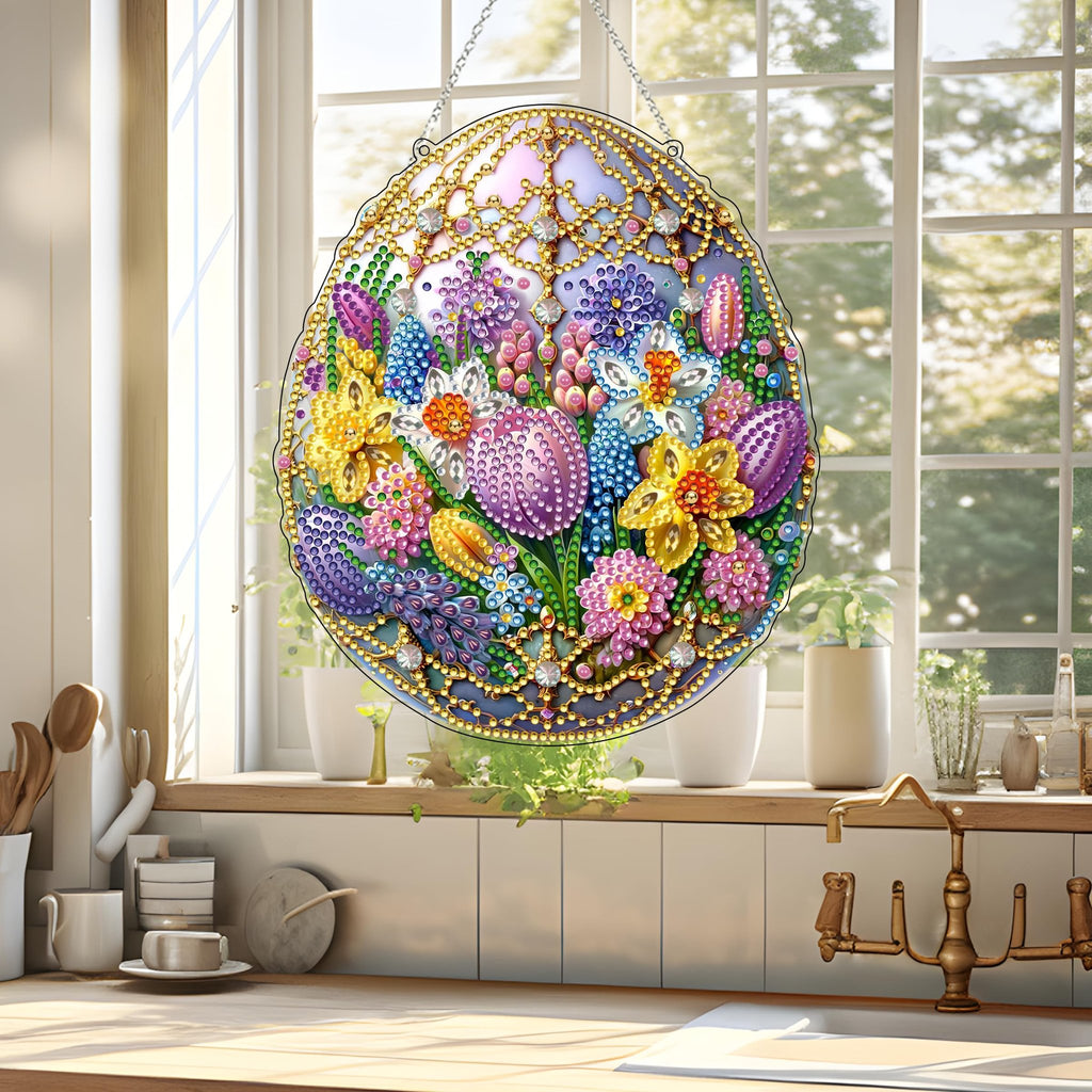 Easter egg shaped diamond art hanging with floral design, displayed in a window.
