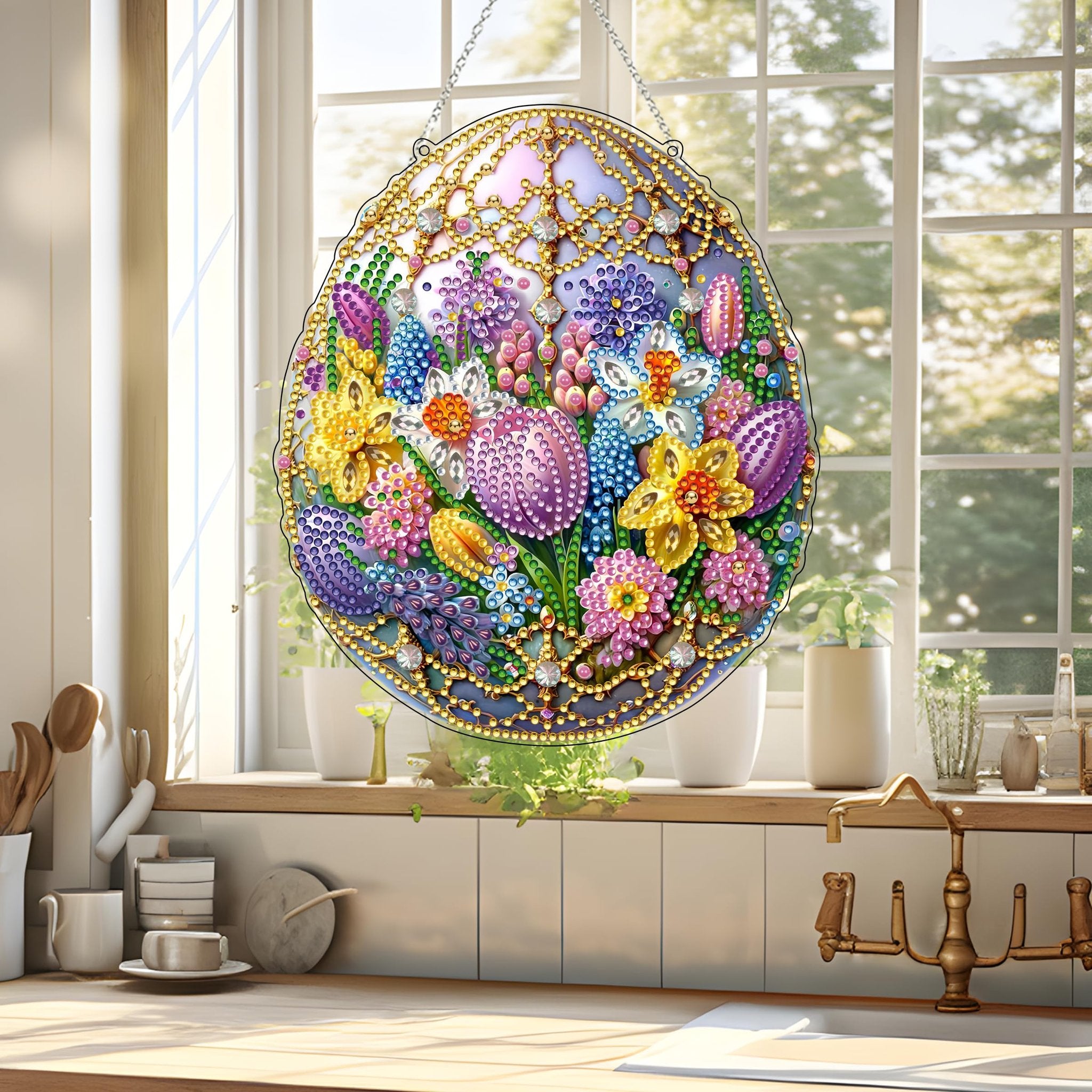 Easter egg shaped diamond art hanging with floral design, displayed in a window.