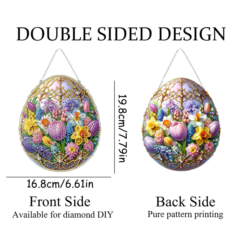 Easter egg shaped diamond art hanging kit, front and back views shown with dimensions and descriptions.