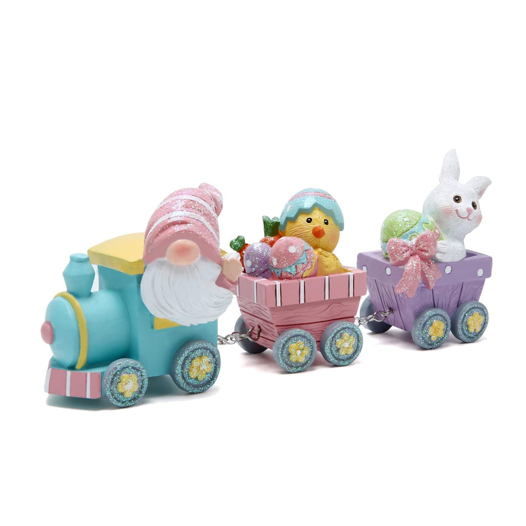 Easter train figurine with gnome, chick, and bunny in pastel-colored cars on a white background.