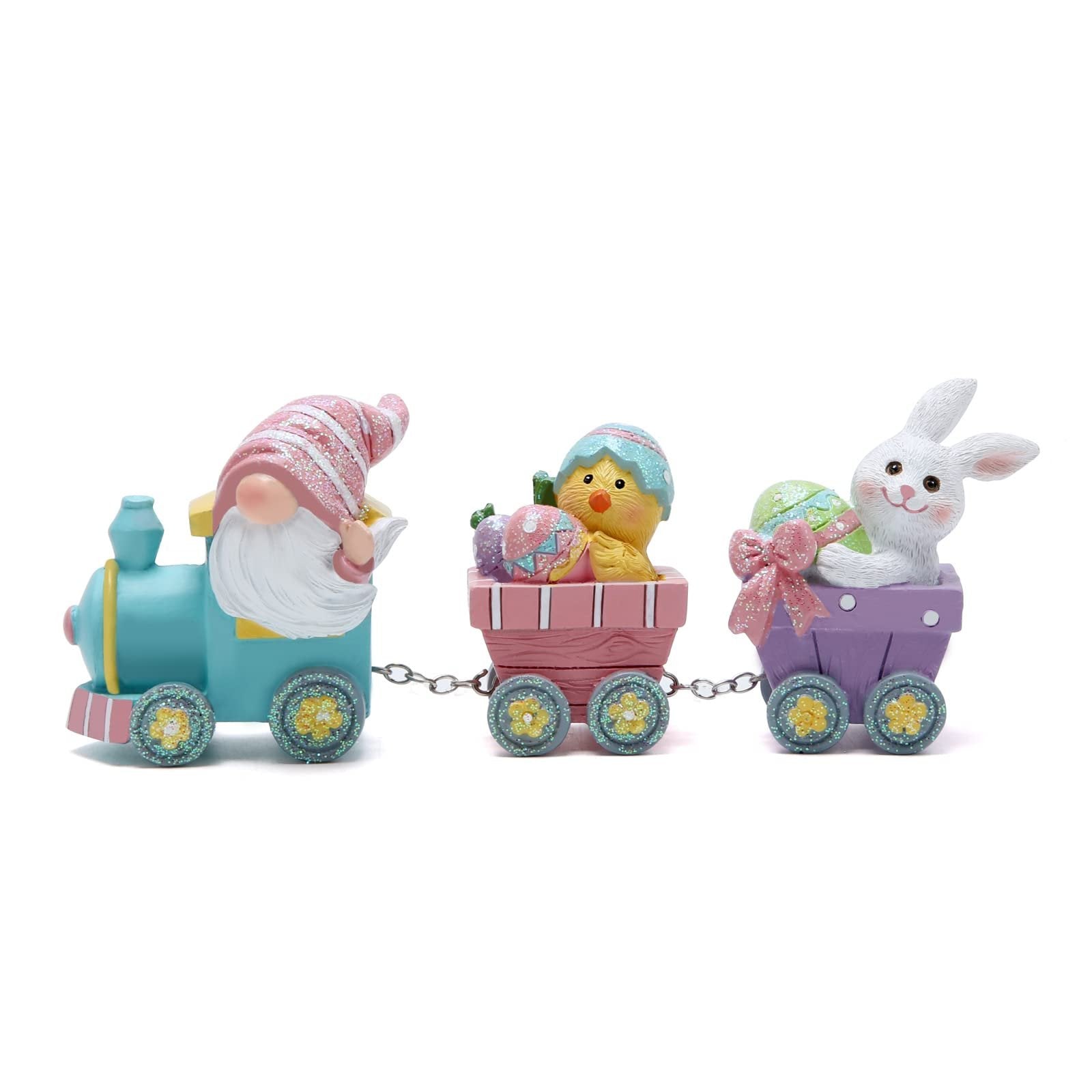 Easter train figurine with gnome, chick, and bunny carrying eggs, on a white background.