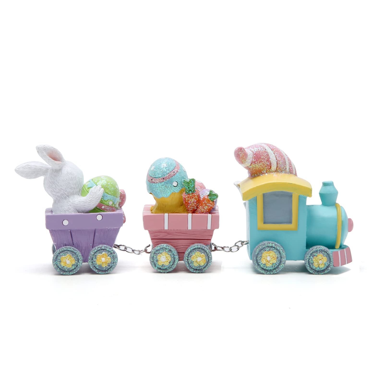 Easter train figurine with a bunny in the first car holding an egg, and a chick with carrots in the second car.