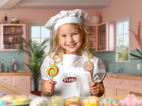 Smiling young girl in chef hat and apron holding two colorful lollipops in a kitchen setting