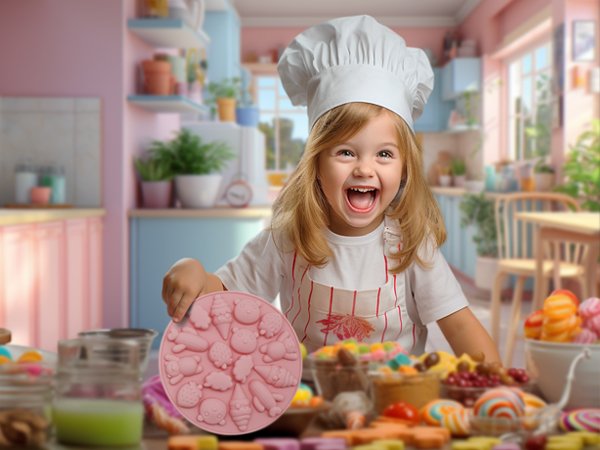 Young girl in chef hat and apron holding a pink silicone mold with various candy shapes, surrounded by sweets.