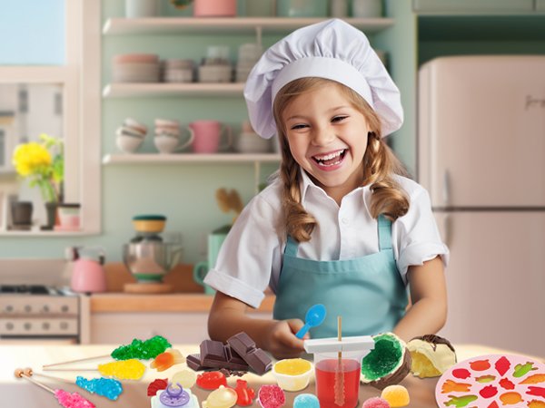 Smiling girl in chef hat and apron making candy, with various candy ingredients and tools on a table
