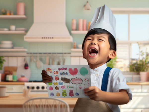 Joyful young boy in chef hat holding a sheet of candy-themed stickers in a kitchen setting.