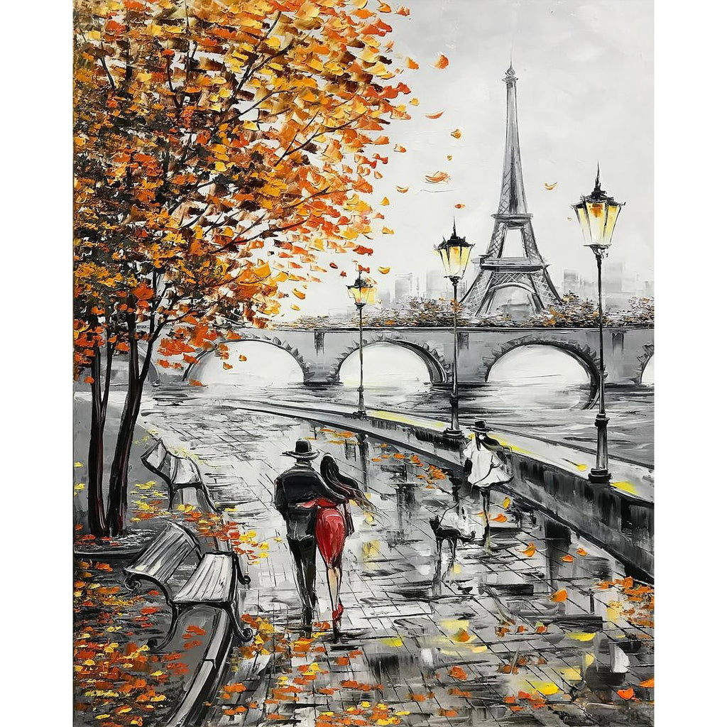 Impressionist painting of Paris with Eiffel Tower, bridge, and couple walking in autumn