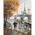 Impressionist painting of Paris with Eiffel Tower, bridge, and couple walking in autumn