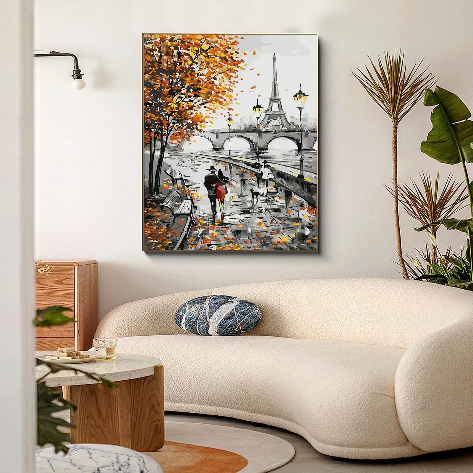 Paint by numbers canvas showing Eiffel Tower and couple walking in autumn Paris