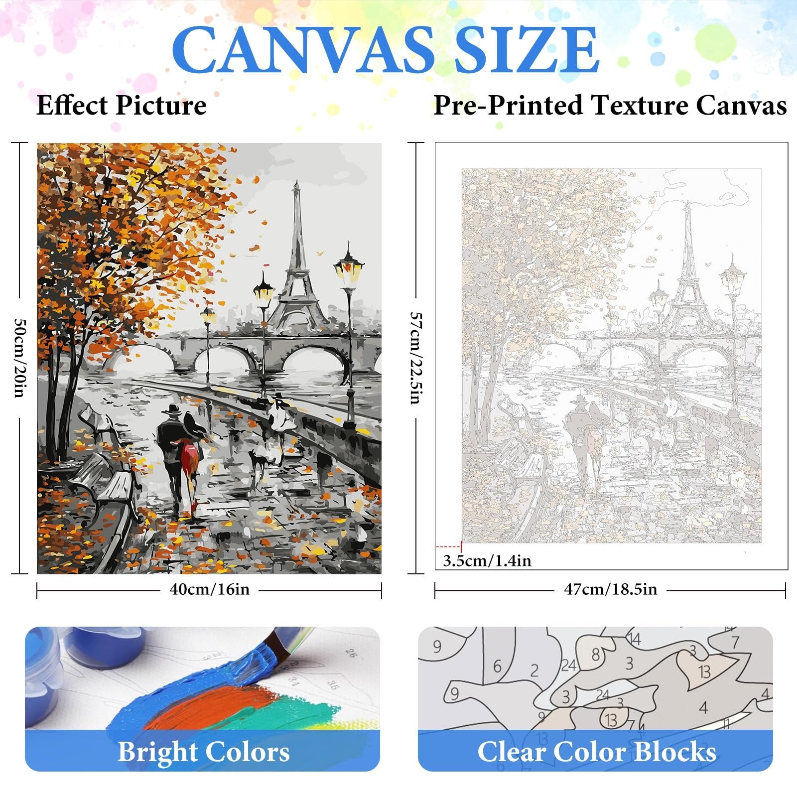 Paint by numbers kit showing an Eiffel Tower scene in autumn, with a couple walking on a bridge. Includes a comparison of the finished painting and the pre-printed canvas.