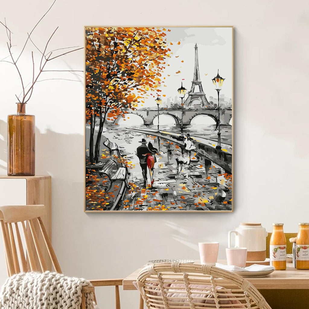 Paint by numbers canvas showing Eiffel Tower and a couple walking in autumn