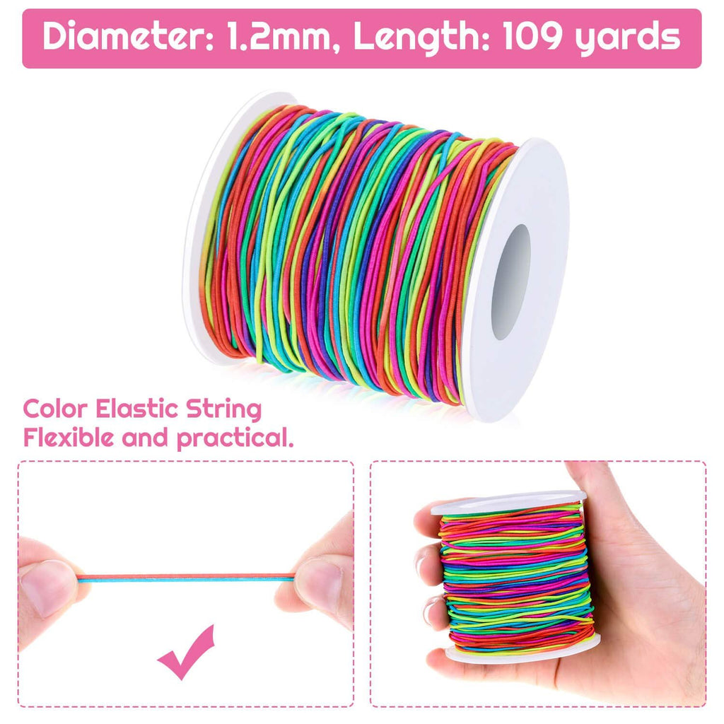 Spool of rainbow elastic cord for jewelry making, shown with close-ups of cord and spool in hand.
