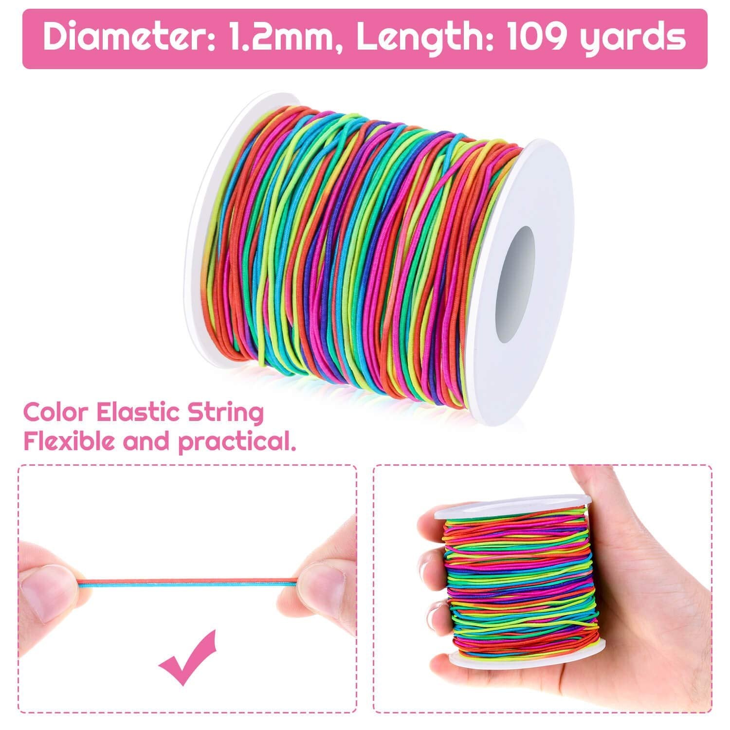 Spool of rainbow elastic cord for jewelry making, shown with close-ups of cord and spool in hand.