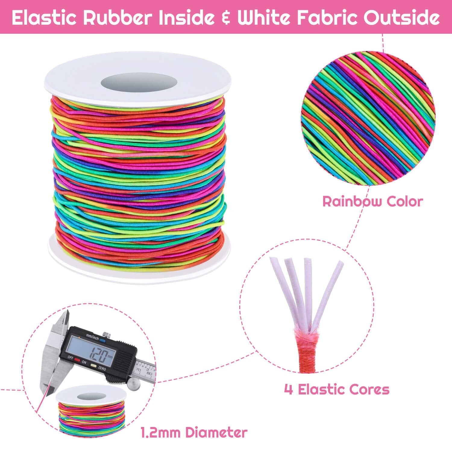 Spool of rainbow elastic cord with close-ups showing color, diameter measurement, and internal elastic cores.