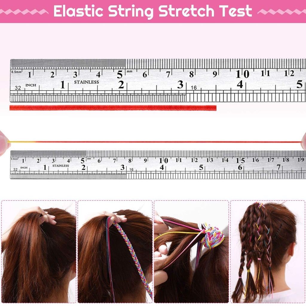 Elastic string being stretched and used to braid hair, with rulers showing measurements.