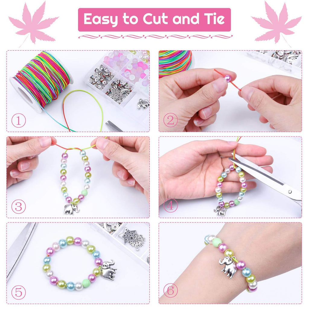 Collage showing steps to make a beaded bracelet with elastic cord and charms.