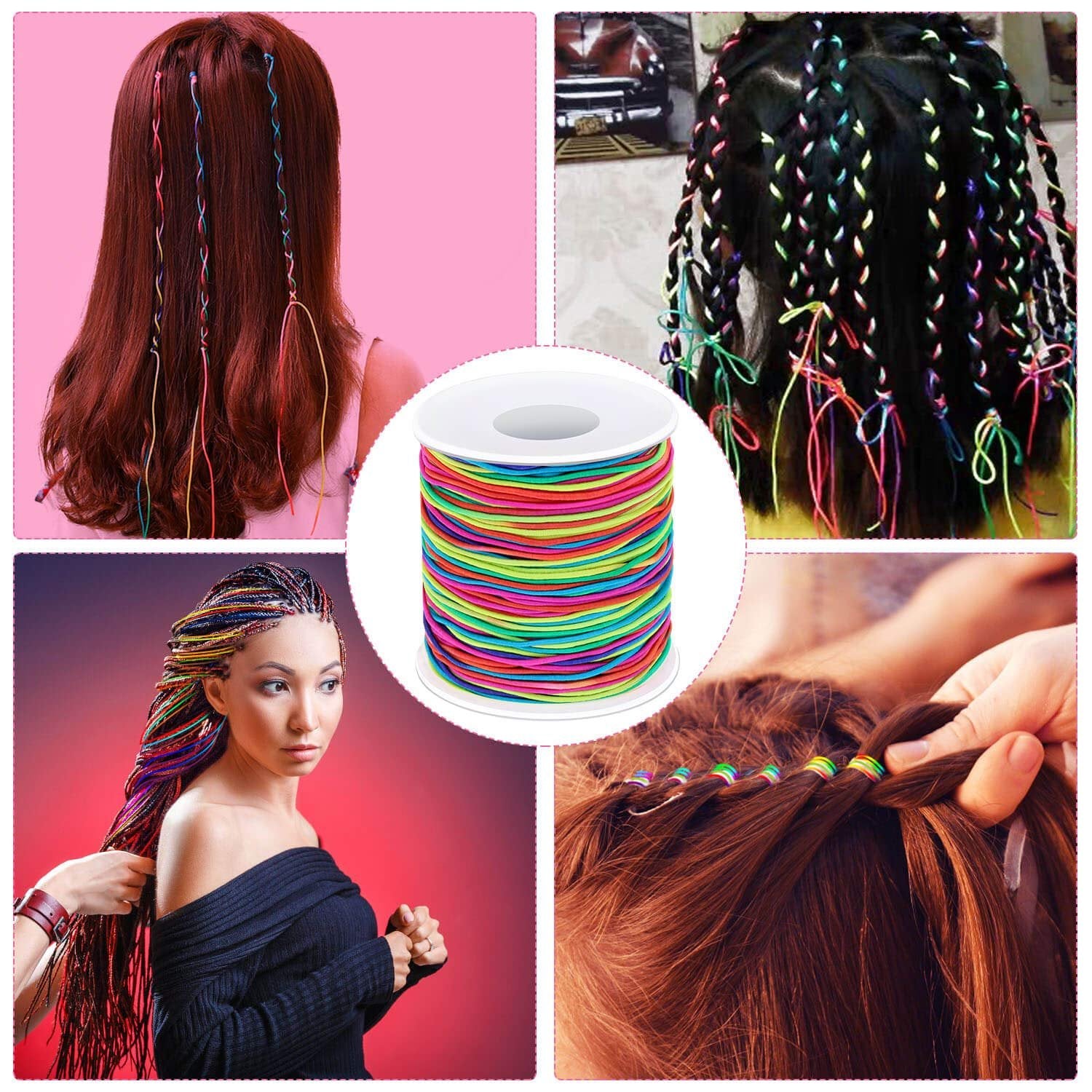 Collage showing colorful elastic cord used for braiding hair and making jewelry, with a spool of cord in the center.