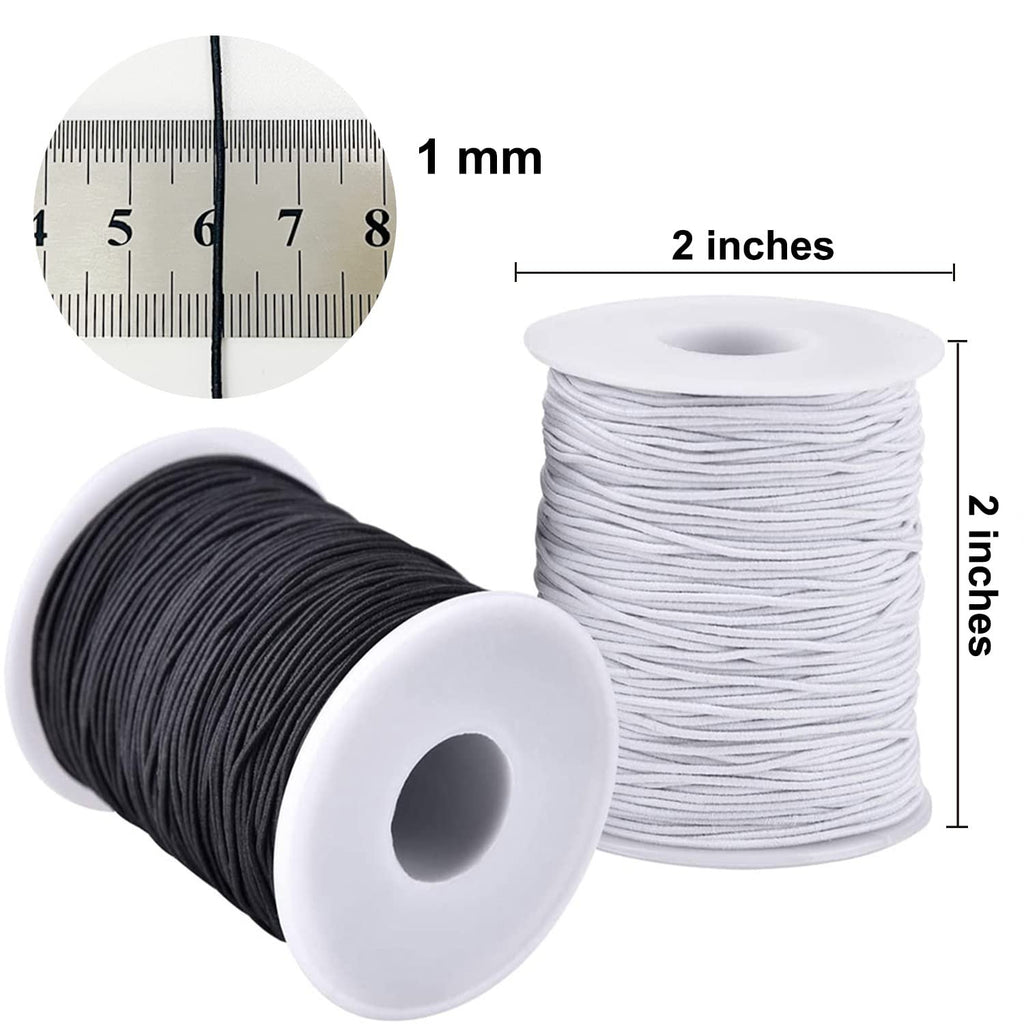 Two spools of elastic string, one black and one white, with a ruler showing 1 mm thickness and dimensions of 2 inches.