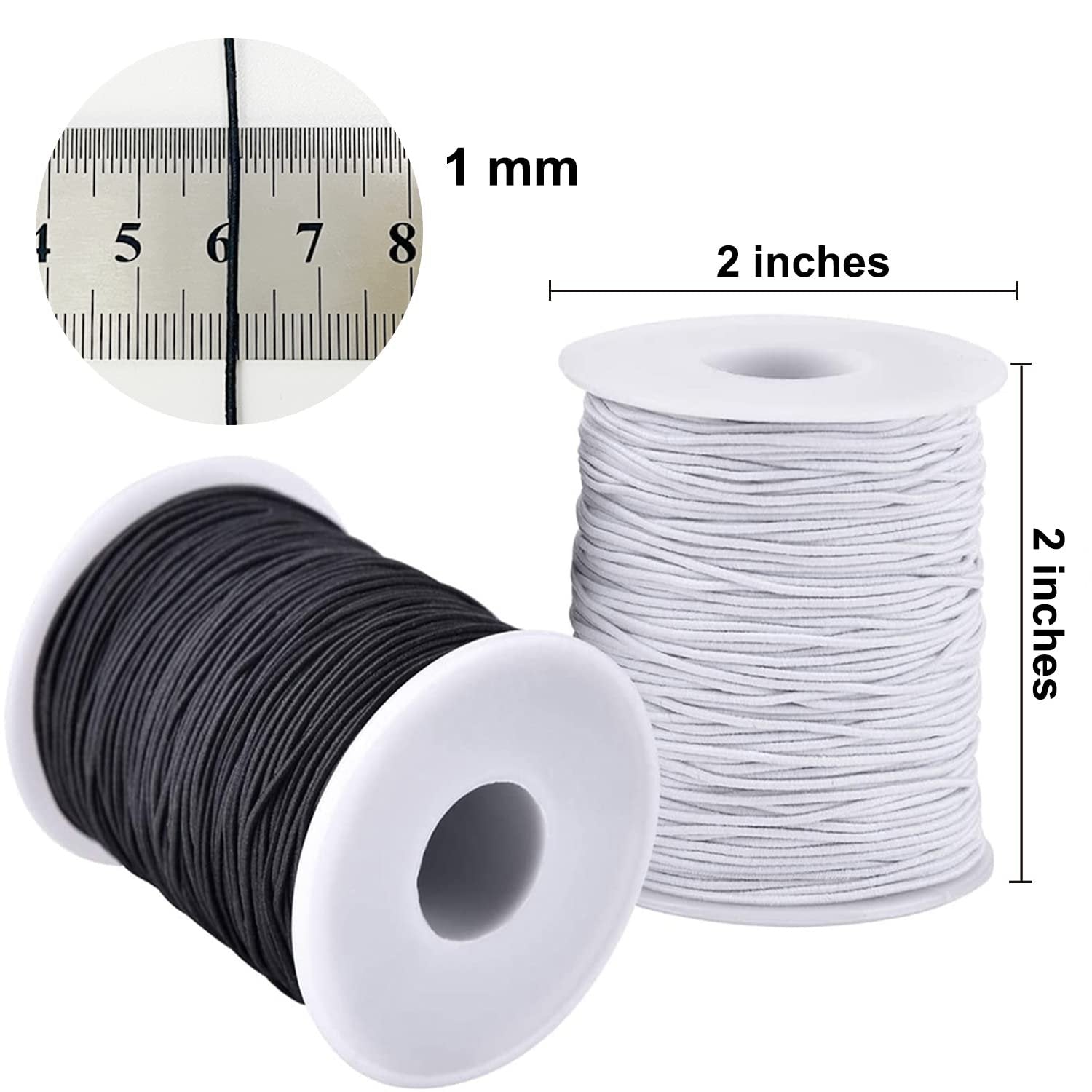 Two spools of elastic string, one black and one white, with a ruler showing 1 mm thickness and dimensions of 2 inches.
