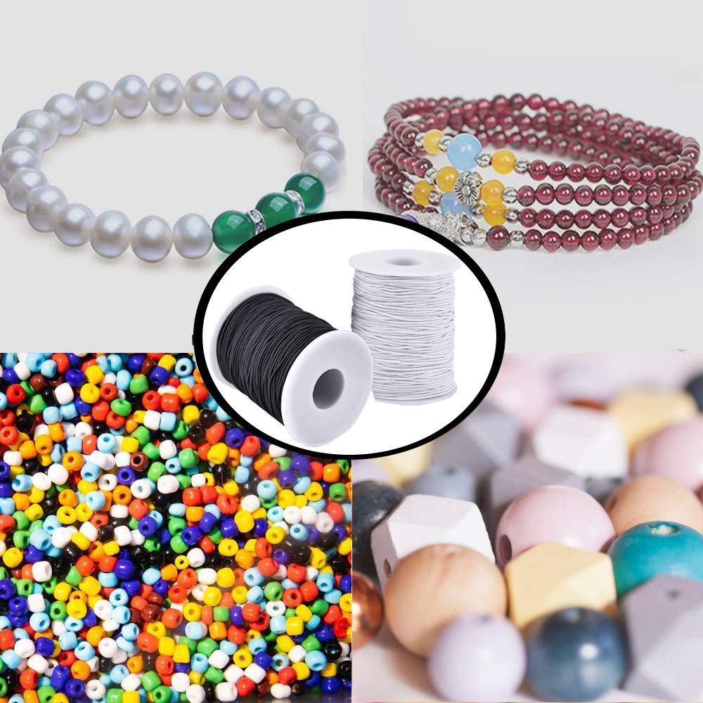 Collage of jewelry making supplies including pearl and gemstone bracelets, colorful beads, wooden beads, and spools of black and white elastic cord.