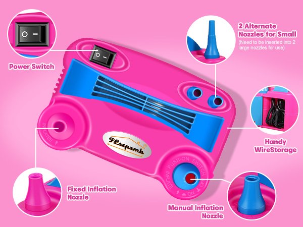 Pink electric balloon pump with blue accents, showing power switch, inflation nozzles, and wire storage.