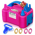 Pink and blue electric balloon pump with dual nozzles, shown with a tying tool and rolls of ribbon.