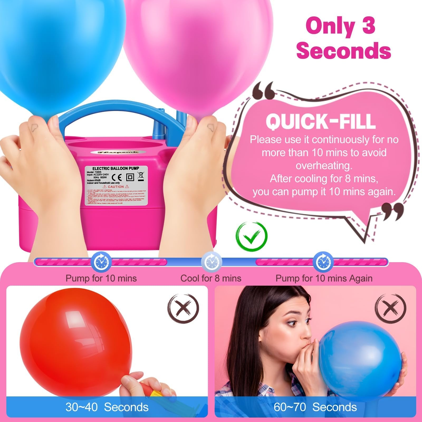 Pink electric balloon pump with blue and pink balloons being inflated by hands, with instructional graphics.
