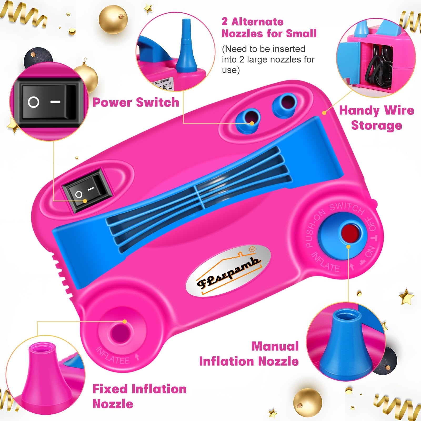 Pink electric balloon pump with blue accents, showing power switch, nozzles, and wire storage.