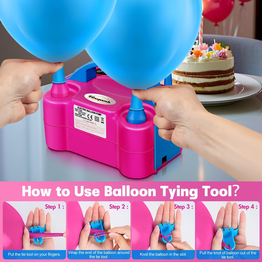 Pink electric balloon pump with blue nozzles inflating blue balloons, with a cake in the background and instructions for a balloon tying tool.