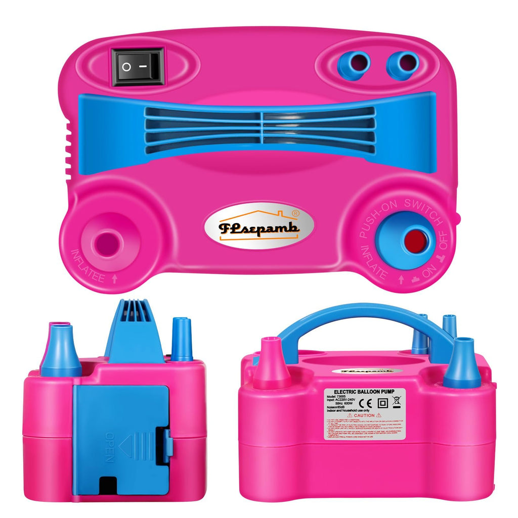 Pink and blue electric balloon pump shown from multiple angles, including top, front, and side views.