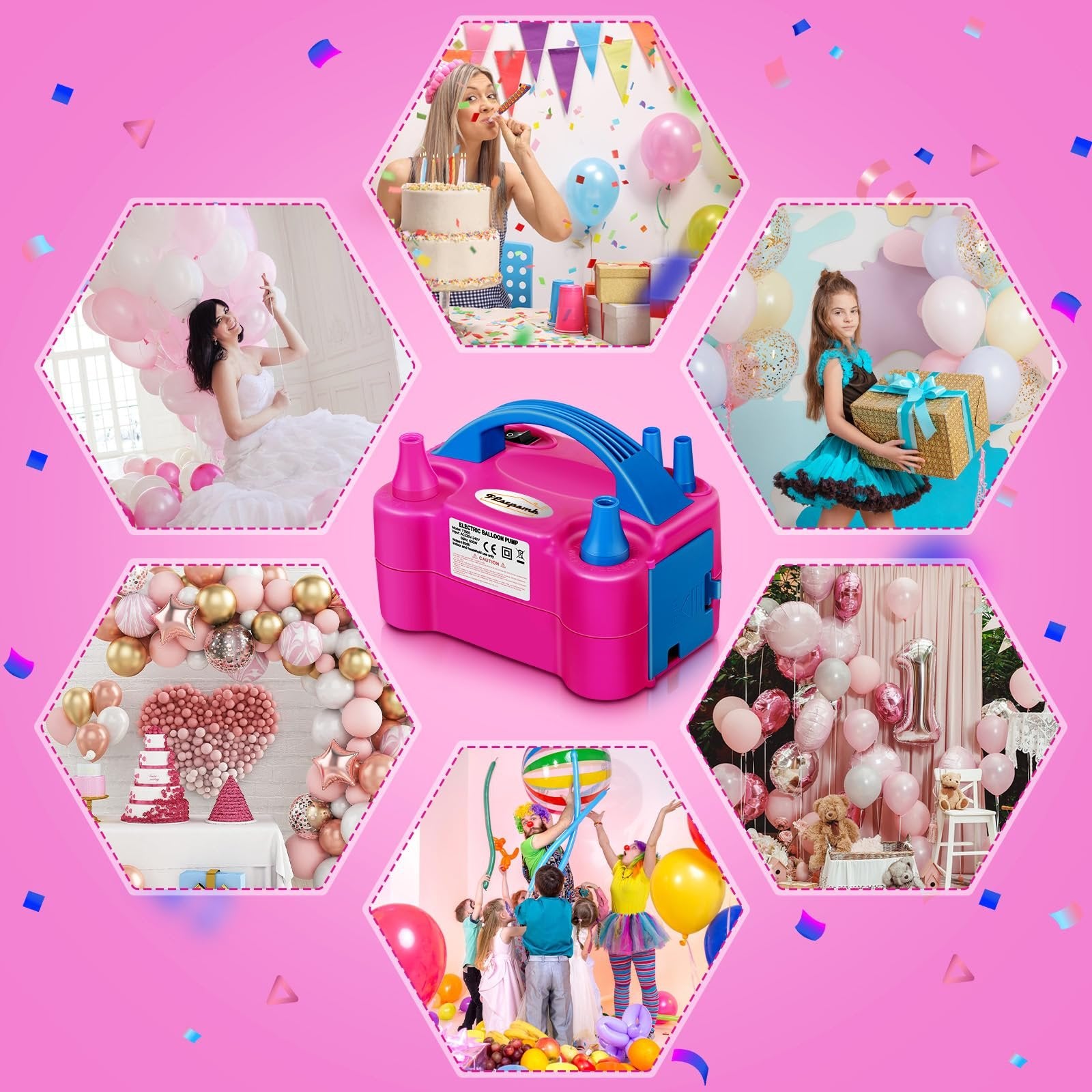 Pink electric balloon pump surrounded by hexagonal lifestyle images of parties and balloon decorations.