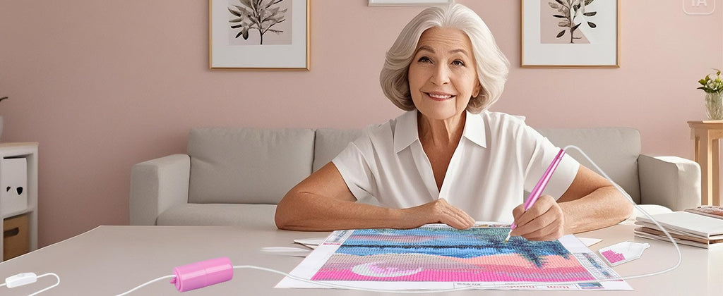 Elderly woman using a pink electric diamond painting pen to place gems on a canvas, with a USB power cord and storage unit visible.