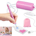 Diamond painting pen with vacuum storage, USB cable, and pink velvet bag on white background. Includes a woman diamond painting.