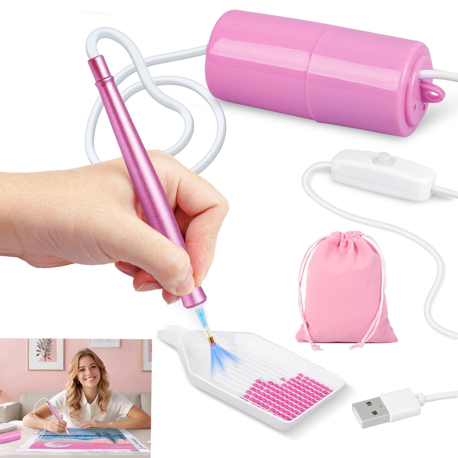 Diamond painting pen with vacuum storage, USB cable, and pink velvet bag on white background. Includes a woman diamond painting.