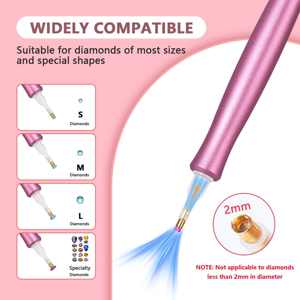 Pink electric diamond painting pen showing compatibility with small, medium, large, and specialty diamonds, with a 2mm size note.