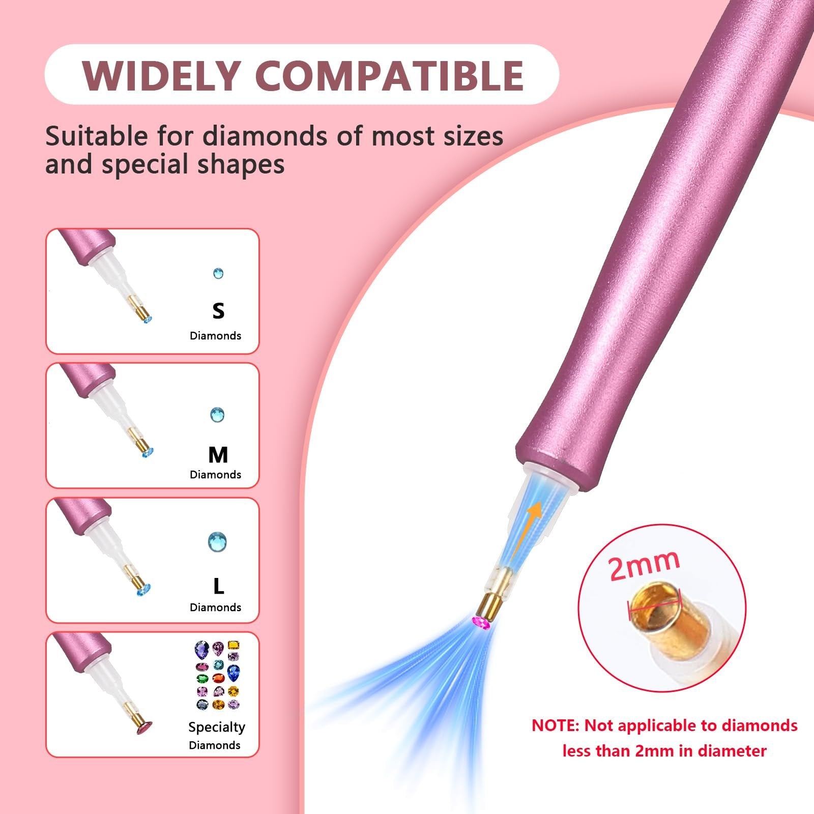 Pink electric diamond painting pen showing compatibility with small, medium, large, and specialty diamonds, with a 2mm size note.