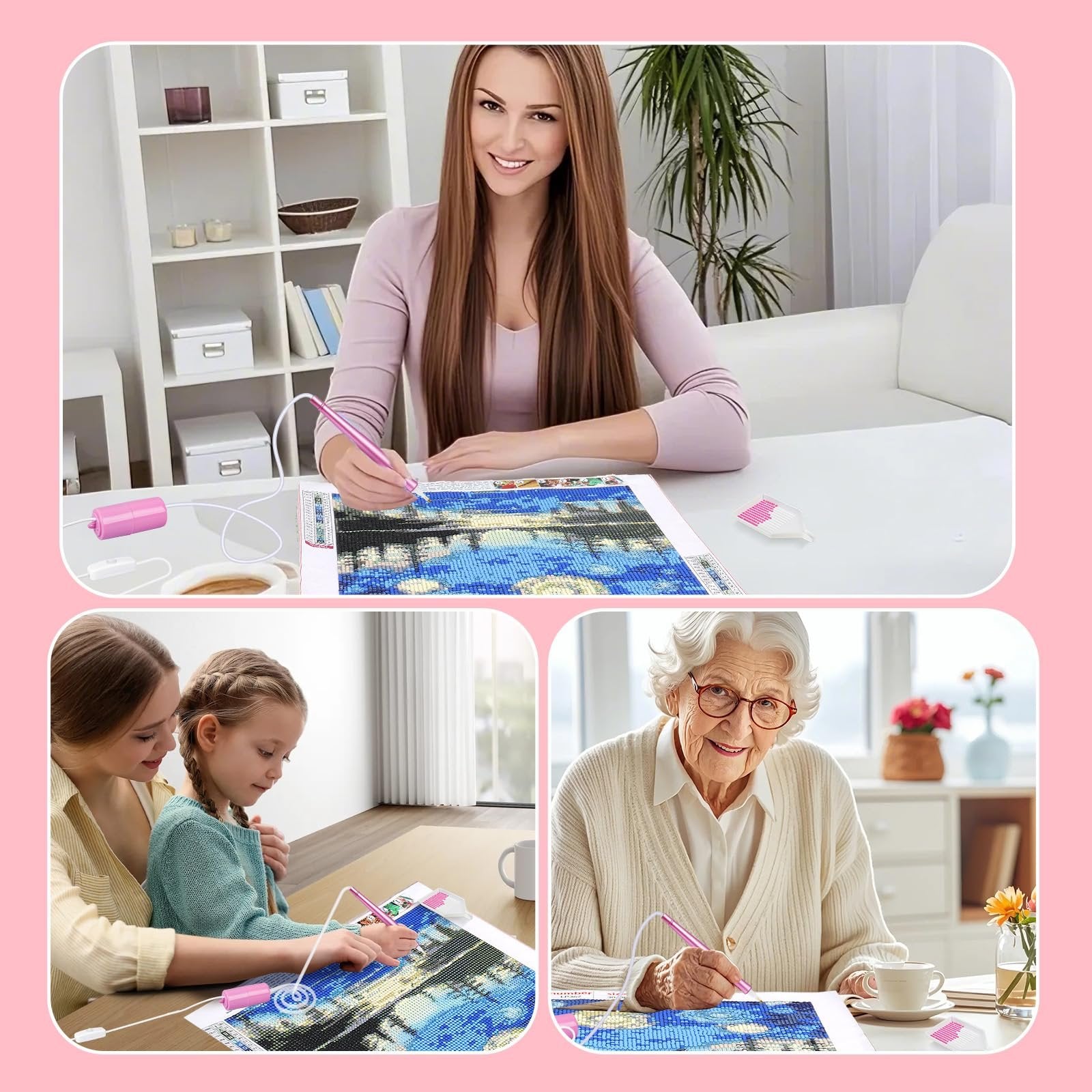 Woman, child, and elderly woman doing diamond painting with electric pens