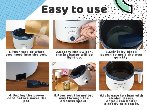 Collage of six images demonstrating how to use a wax melting pot for candle making, with step-by-step instructions.