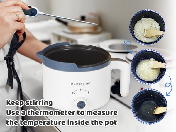 Candle making process showing a wax melter pot with a thermometer and three inset images of wax melting stages.