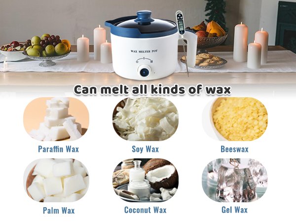 Electric wax melting pot with digital thermometer, surrounded by samples of different waxes like paraffin, soy, beeswax, palm, coconut, and gel wax.