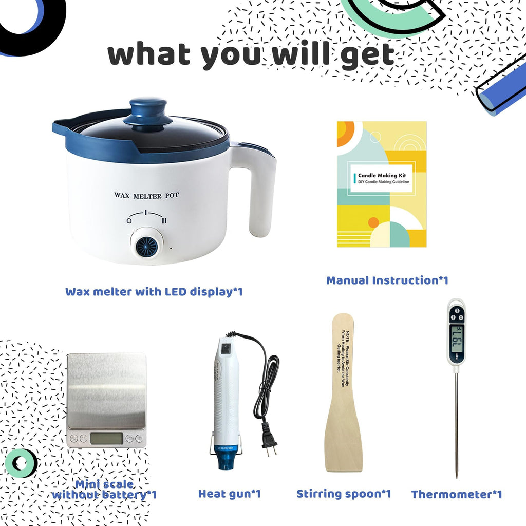 Candle making kit contents including wax melter, digital scale, heat gun, stirring spoon, and thermometer.