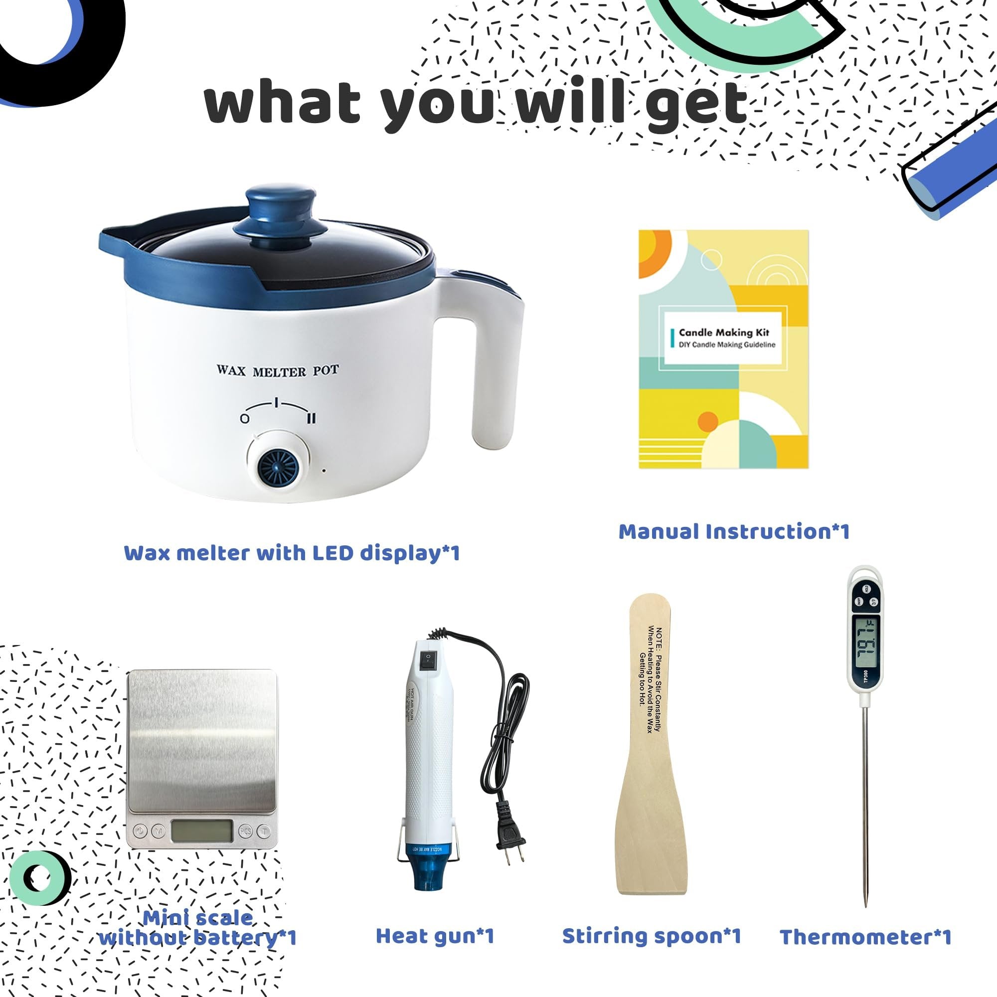 Candle making kit contents including wax melter, digital scale, heat gun, stirring spoon, and thermometer.
