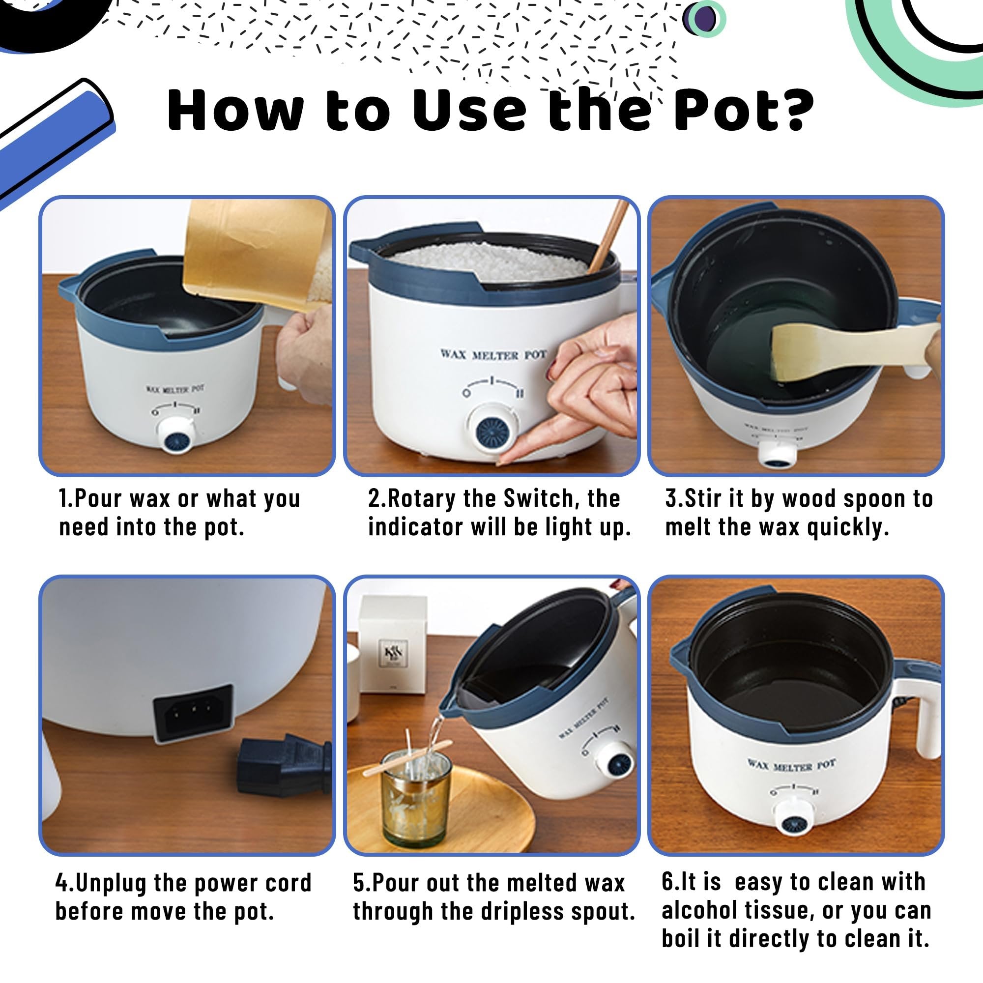 Collage showing six steps on how to use a wax melting pot for candle making.