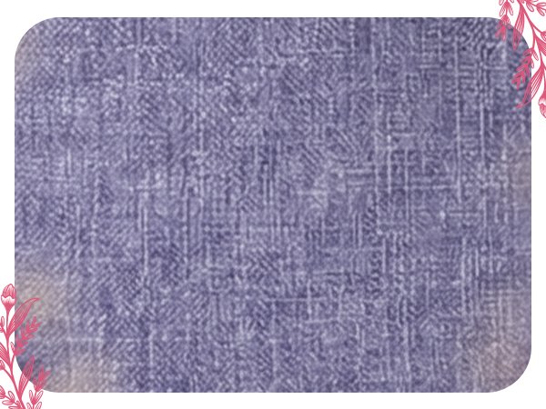 Purple textured fabric with decorative pink floral corner accents