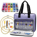 Embroidery and cross stitch kit with purple storage bag, thread organizer, hoops, needles, and scissors.