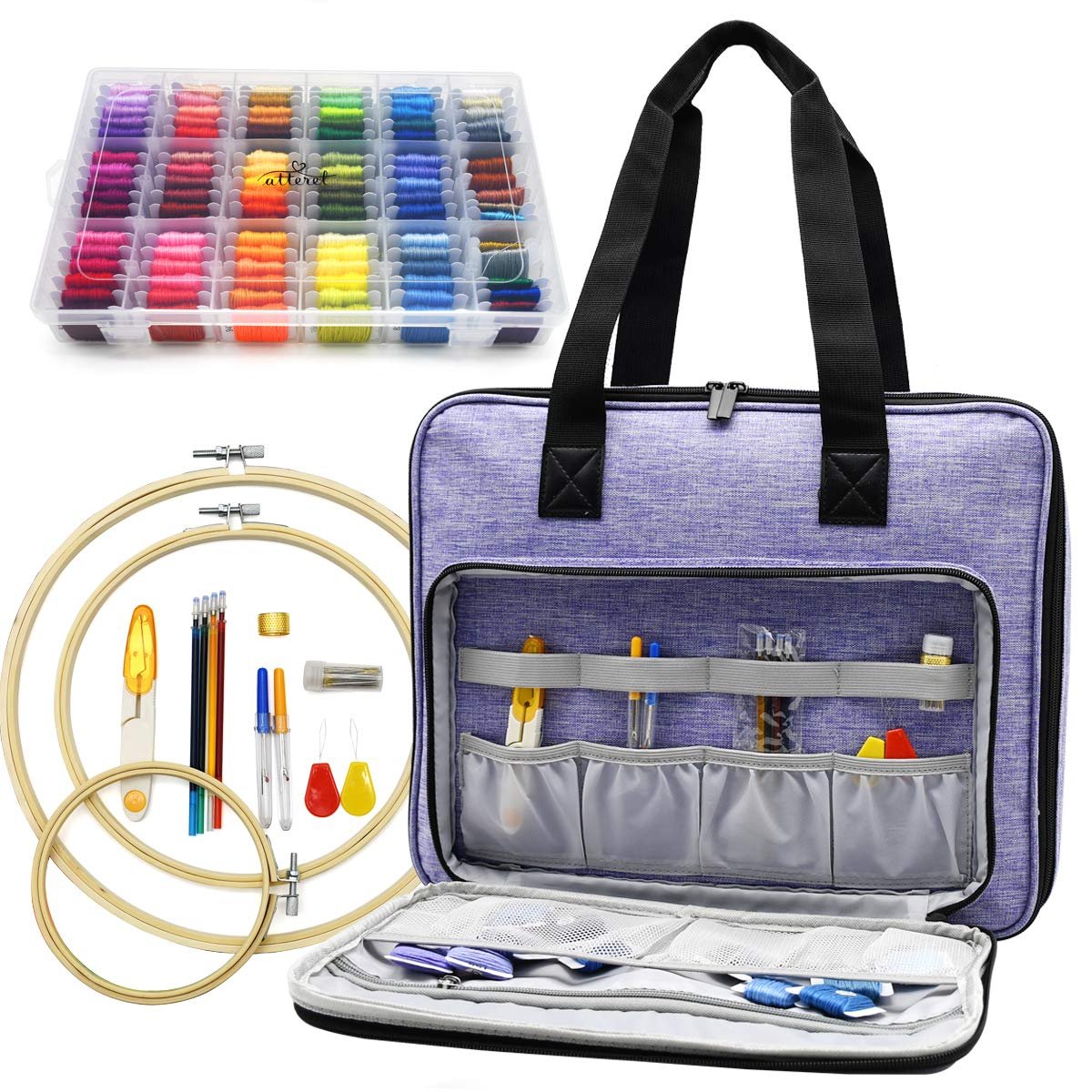 Embroidery and cross stitch kit with purple storage bag, thread organizer, hoops, needles, and scissors.
