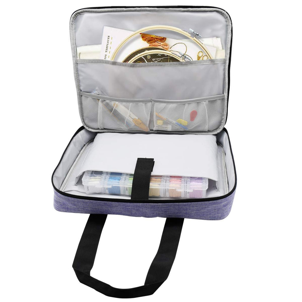 Embroidery and cross stitch kit bag open showing organized threads, hoops, needles, and scissors.