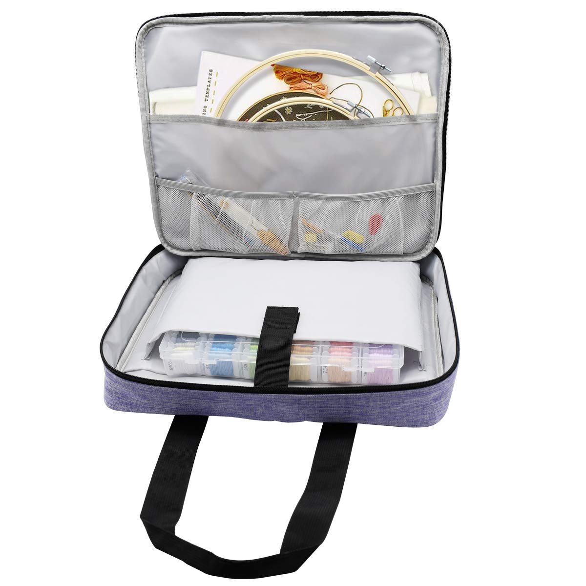 Embroidery and cross stitch kit bag open showing organized threads, hoops, needles, and scissors.